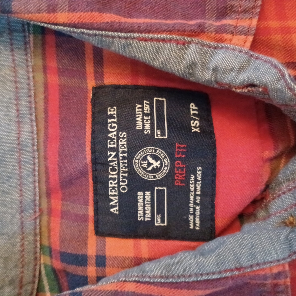 American Eagle Prep Fit Orange Plaid Button - Picture 6 of 8